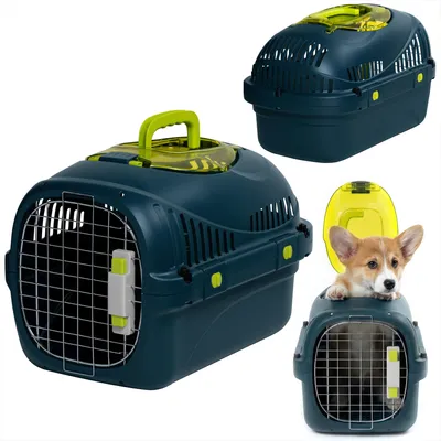 Immagine prodotto di Trasportino per cani Peluvio Safy fino a 5 kg, leggero e sicuro, porta in metallo, ciotola inclusa, pieghevole, ideale per auto e viaggi - Blu