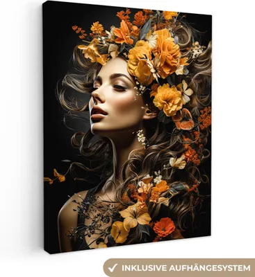 Produktbild von MuchoWow® - Leinwandbilder - Frau - Porträt - Blumen - Farbenfroh, Wandbild, Wanddeko Bilder Wohnzimmer, 30x40 cm
