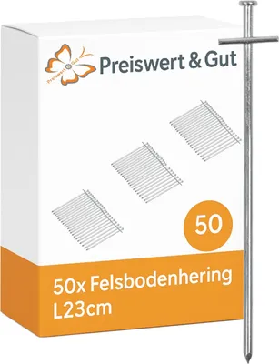 Produktbild von 50x Heringe verzinkt L23cm und Ø6mm Zeltheringe Silber Hering zum Vorzeltteppich befestigen mit Quernagel und Nagelkopf
