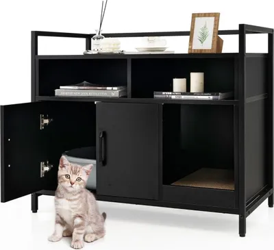 Imagen del producto de Caja para arenero de gato, armario con doble puerta y rascador, 89 x 45 x 74,5 cm, color