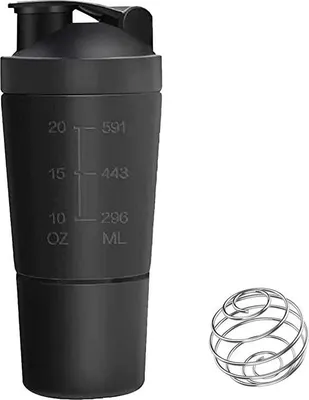 Immagine prodotto di Shaker per proteine in acciaio idrato, shaker per proteine fitness da 600 ml + bicchiere da 200 ml, shaker, shaker per proteine, bicchiere con pallina, per proteine, dieta e frullati fitness, nero