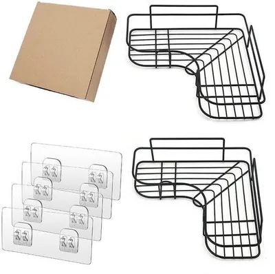 Productafbeelding van Unyqoos® Zelfklevende set van 2 zwarte hoekplanken van ijzer, met 4 haken en zeephouder, driehoekig voor hoeken van 90°, boorvrij, draagvermogen 5 kg