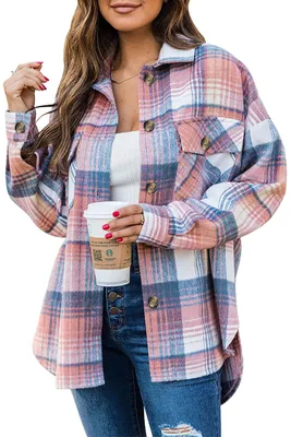 Imagen del producto de Camisa de franela de corte amplio para mujer, con mangas largas