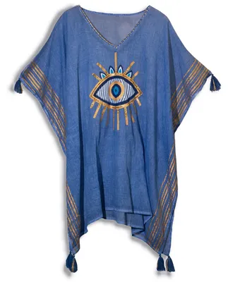Imagen del producto de Colección Nómada Sari Mediterráneo - Kaftan - Diseño del Ojo Maligno en Azul Rico y Oro