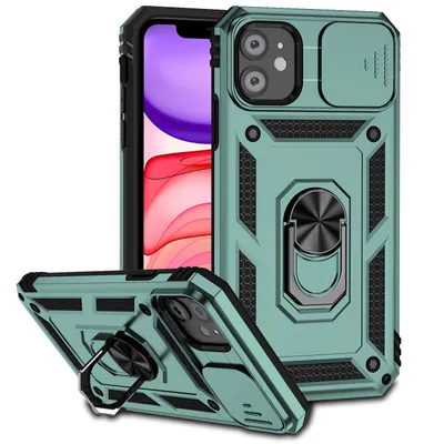 Immagine prodotto di Custodia per iPhone 12 Mini a doppio strato con cover fotocamera scorrevole e supporto ad anello verde