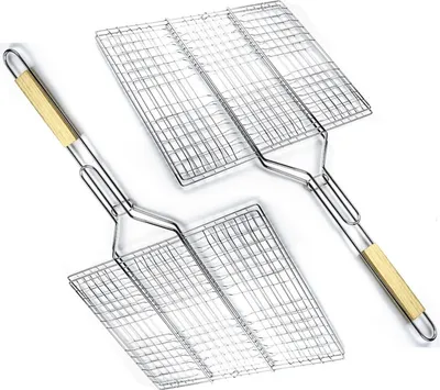 Produktbild von 2 x Grillguthalter mit Holzgriff | BBQ Grillkorb für Fischgemüse Steak Garnelenkoteletts | 40,5 x 33cm Grillgitter aus Metall | Gemüsekorb Burger Grillwender | Grilling Basket | Grill Rost zum Grillen