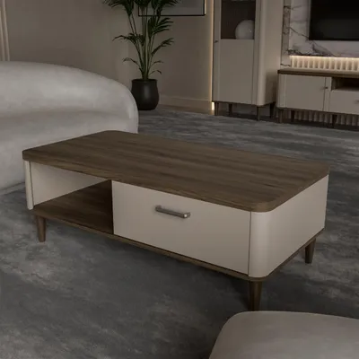 Produktbild von Forte LACETTI Couchtisch 120, moderner Sofatisch mit Skandi Lamellen Design, 1 Schublade, Kaschmir | Beige mit Valencia Eiche Holzdekor, 120 cm breit x 43,7 cm hoch x 60 cm tief