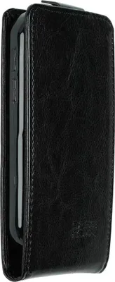 A black leather flip case for a smartphone, shown from the side.