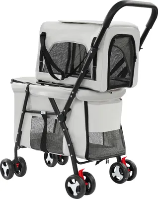 Produktbild von Doppelstock Katzenbuggy - Haustierwagen - Faltbar - Mit abnehmbarer Transportbox - Reißverschluss - Metallrahmen - Für mittelgroße Katzen