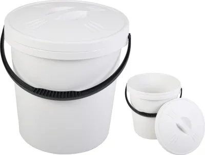 Two white buckets with black handles and lids are shown against a white background. One larger bucket is in the foreground, and a smaller bucket with its lid beside it is in the background.
