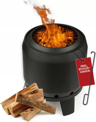 A black LANDMANN smokeless fire pit with flames, firewood, and a red tag with a hook.