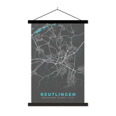 Produktbild von MuchoWow® Textilposter Stadtplan - Karte - Reutlingen - Blau - Deutschland - Karte 60x90 cm mit schwarzem Rahmen - Poster Wohnzimmer