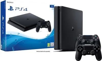 A product shot of a Sony PlayStation 4 Slim console with two controllers, presented in its packaging.