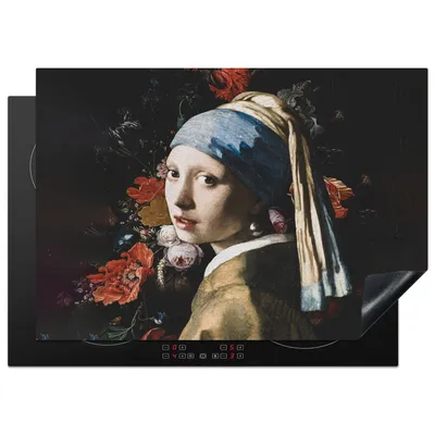 Produktbild von KitchenYeah© Herdabdeckplatte Das Mädchen mit dem Perlenohrring - Vermeer - Blumen , 75x52cm, Küche Deko, Glaskeramikkochfeld Herdabdeckung, Abdeckplatte fùr Kochfeld