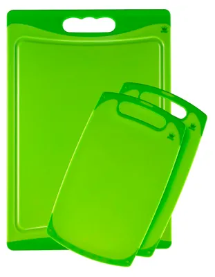 Three green cutting boards are arranged on a white background. One large cutting board is in the background, and two smaller cutting boards are in the foreground, overlapping each other.