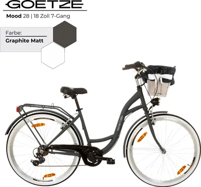 Produktbild von Goetze Mood 28 Zoll City Bike, 18 Zoll Tiefeinsteigerrahmen, 7-Gang Shimano Tourney, V-Bremse, LED-Beleuchtung, Komfortsattel, Rattankorb