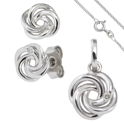Produktbild von Schmuck-Set Knoten aus 585 Weißgold 3 Diamanten Ohrstecker Anhänger Kette 42cm
