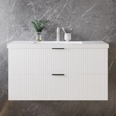 Produktbild von 100cm Badmöbel Set Mineralguss Waschtisch mit Unterschrank Weiß Matt  Badezimmerschrank mit geriffelte Schubladentüren