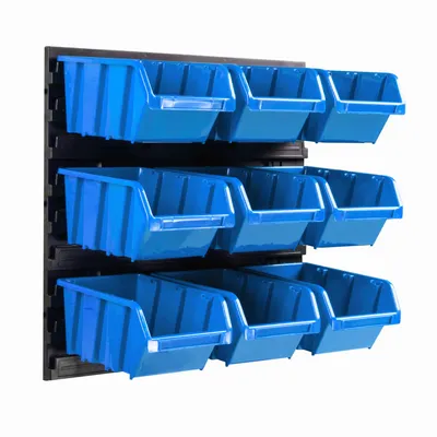 Produktbild von Lagersystem Wandregal 385 x 390 mm | 9 stck. Box | Stapelboxen Schüttenregal Sichtlagerkästen | Extra Starke Wandplatten | Regal Erweiterbar | Werkstattregal Lagerregal Werkstattwandregal Steckregal