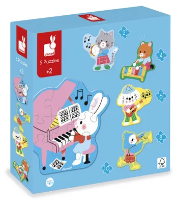Produktbild von Janod Puzzle - Musik Tiere - 5 Formate Kartonpuzzles für Kinder