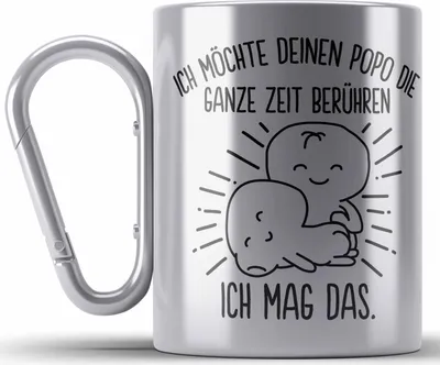 Produktbild von Trendation - Edelstahl Tasse Karabiner für Freundin Lustig Geschenk Valentinstagidee Paare Karabiner Edelstahl Tasse Karabiner Edelstahl Spruch Liebe Mann Popo Anfassen (Silber)