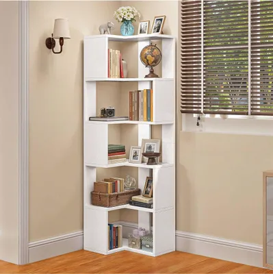 Produktbild von BALCONERA 5-Ebeniges Modernes Eckregal – Freistehendes Display-Eck-Bücherregal aus Holz | Aufbewahrungsregal für Wohnzimmer, Büro, Schlafzimmer & Arbeitszimmer