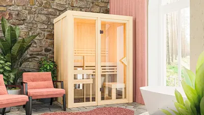 Produktbild von Elementsauna Karibu Avarni 1 ohne Ofen und Dachkranz mit bronzierter Ganzglastüre