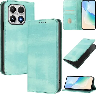 Produktbild von Handyhülle für Xiaomi 17, Vintage Leder RFID Schutz Kartenfach Standfunktion Magnetische Klapphülle Türkis