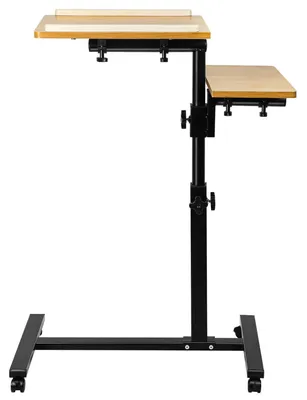 Zdjęcie produktu dla Mobilny stolik pod laptop z kółkami, przegródką na tablet i uchwytem na kubek, regulowany na wysokość, wymiary: 70 x 44 x 95 cm, kolor: drewniany