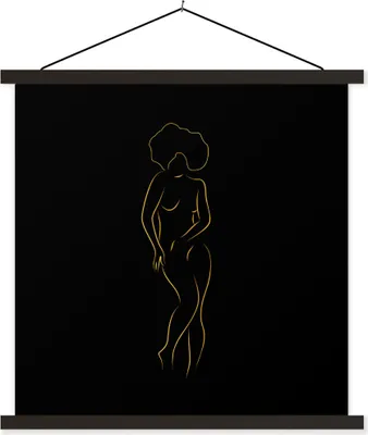 Produktbild von MuchoWow® Textilposter Frau - Schwarz - Gold - Strichzeichnung 60x60 cm mit schwarzem Rahmen - Posteraufhänger