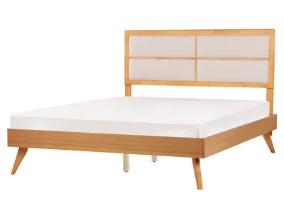 Produktbild von BELIANI Bett Braune Esche MDF-Platte Holzoptik mit Lattenrost 160 x 200 cm Hohes Kopfteil mit Beiger Polsterung Klassisch Schlafzimmer Doppelbett