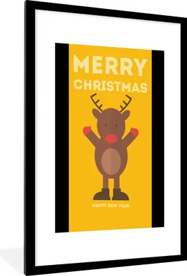 Produktbild von MuchoWow® Gerahmtes Poster Weihnachten - Zitate - Illustration - Rentier - Frohe Weihnachten - Gelb 60x90 cm - Poster mit Schwarzem Bilderrahmen Wandposter Rahmen Foto Bilder - Dekoration - Wandposter Wohnzimmer - Hochwertig