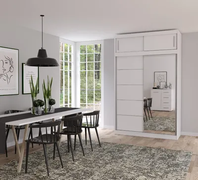 Produktbild von Schwebetürenschrank Kleiderschrank Schrank 150cm mit Spiegel  LED-Beleuchtung und  Aufsatz 150/45/61cm Weiß/Weiß Vista 05