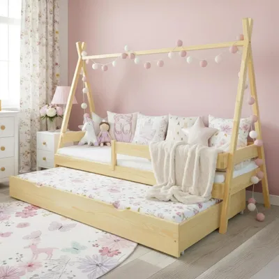 Produktbild von MEBLE WRÓBEL Kinderbett Tipi 80x180 cm Unlackiert - Bett aus Kiefernholz mit Auszugbett & Rausfallschutz - Hausbett für Mädchen und Jungen - Abgerundete Kanten