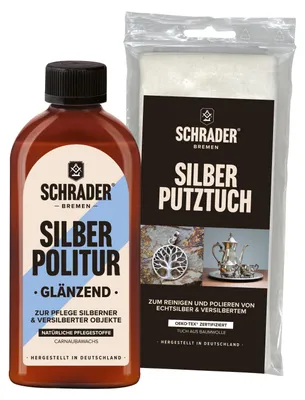 Produktbild von SCHRADER Silber Politur - glänzend - 250ml - für Echtsilber und Versilbertes - inklusive Silberputztuch
