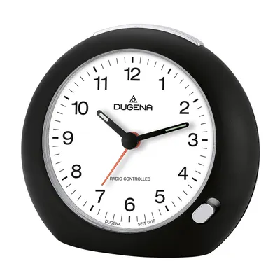 Produktbild von Rádiom riadený budík DUGENA 4460383, rádiový signál pre CET/CET, s ručičkou budíka, opakovanie budíka, osvetlenie ciferníka, signál stúpajúceho budíka, rozmery 11 x 10,2 x 5 cm