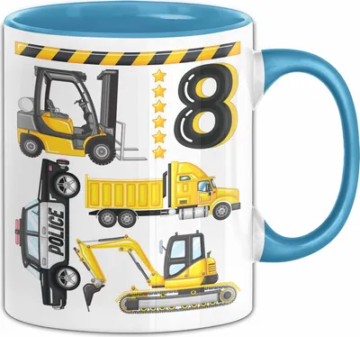 Produktbild von 8. Geburtstag Geschenk Tasse Becher Jungen Jungs Baustelle Polizei Geburtstagsgeschenk 8 (Blau)