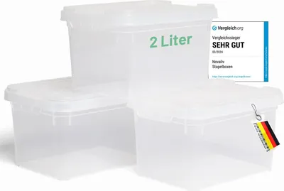 Immagine prodotto di Novaliv 3x scatole di conservazione con coperchio piccole 2 L trasparenti Nestbar scatole di plastica impilabili con chiusura a clip plastica senza BPA 19 x 14 x 11 cm
