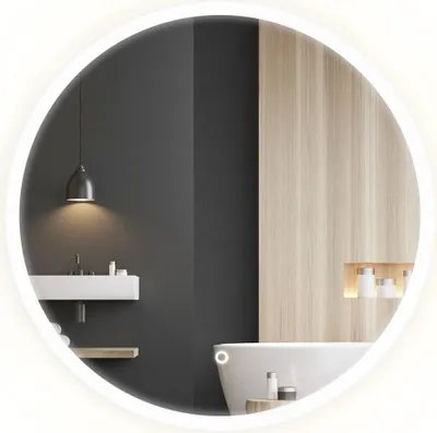 A modern bathroom with a sink, bathtub, and wooden wall paneling, reflected in a round LED mirror.