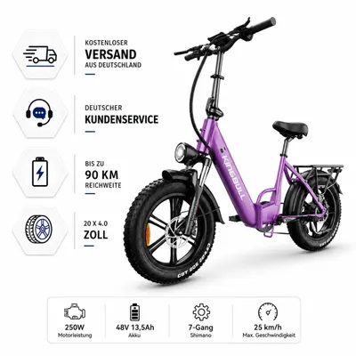 Produktbild von Literider 2.0 20 Zoll Fat E-Bike Tiefeinsteiger 250W, 48V 13,5Ah Akku, bis 90 km, Shimano 7-Gang, bis 180 kg