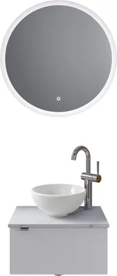Produktbild von Pelipal Serie 6915 SET-044-109 Block bestehend aus: Keramik-Aufsatzbecken, Waschtischplatte, Waschtischunterschrank, LED Spiegel