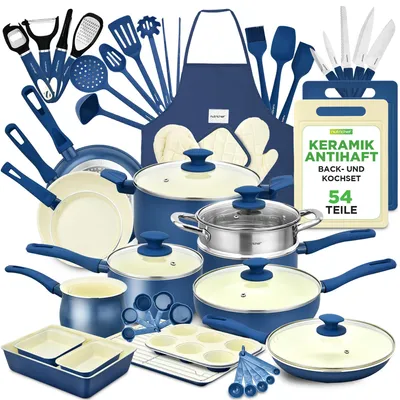 Produktbild von NutriChef Kochgeschirr Set 54-tlg – Pfannen, Töpfe, Küchenhelfer Blau– Mit Messe