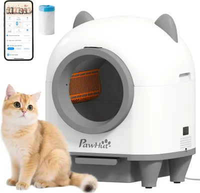 A self-cleaning cat litter box with a cat sitting next to it, along with a smartphone displaying an app and a roll of trash bags.