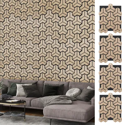 Image de COSTWAY Panneaux acoustiques, lot de 4, panneaux muraux autocollants aspect bois, revêtement mural avec isolation phonique, décoration murale DIY, panneaux insonorisants, 83 x 65 cm