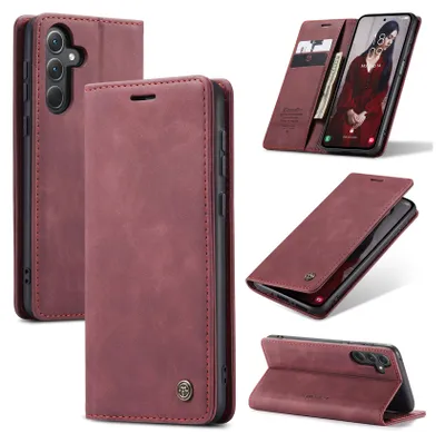 A collage of images showing a red flip phone case from different angles, including one with a phone inside and cards.