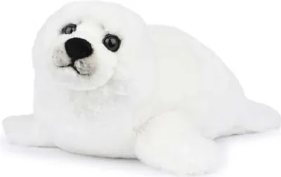 A white plush seal toy lying down on a white background.