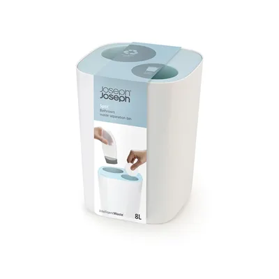 A white and blue bathroom waste separation bin with a label showing product information and usage.