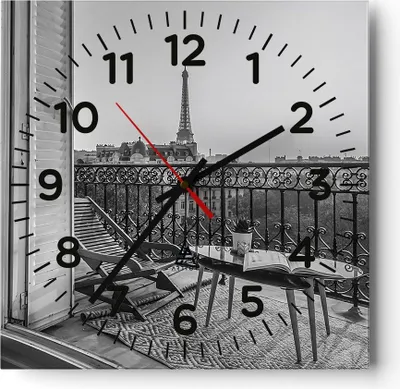 Produktbild von Wanduhr - Quadrat - Glasuhr - Schwarzweiß Paris Balkon - 40x40cm - Schleichendes Uhrwerk - Lautlos - zum Aufhängen bereit - Dekoration Modern - Wanddekoration aus Glas - C4AC40x40-4595