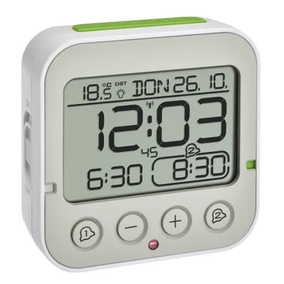 A digital alarm clock is shown against a light gray background.