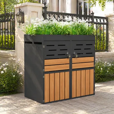 Productafbeelding van Afvalcontainerbox - 133 x 80 x 128 cm, grijs, verzinkt staal, geschikt voor 2 afvalcontainers, met plantenbak, afsluitbaar, geventileerd, AI-gegenereerde afbeelding